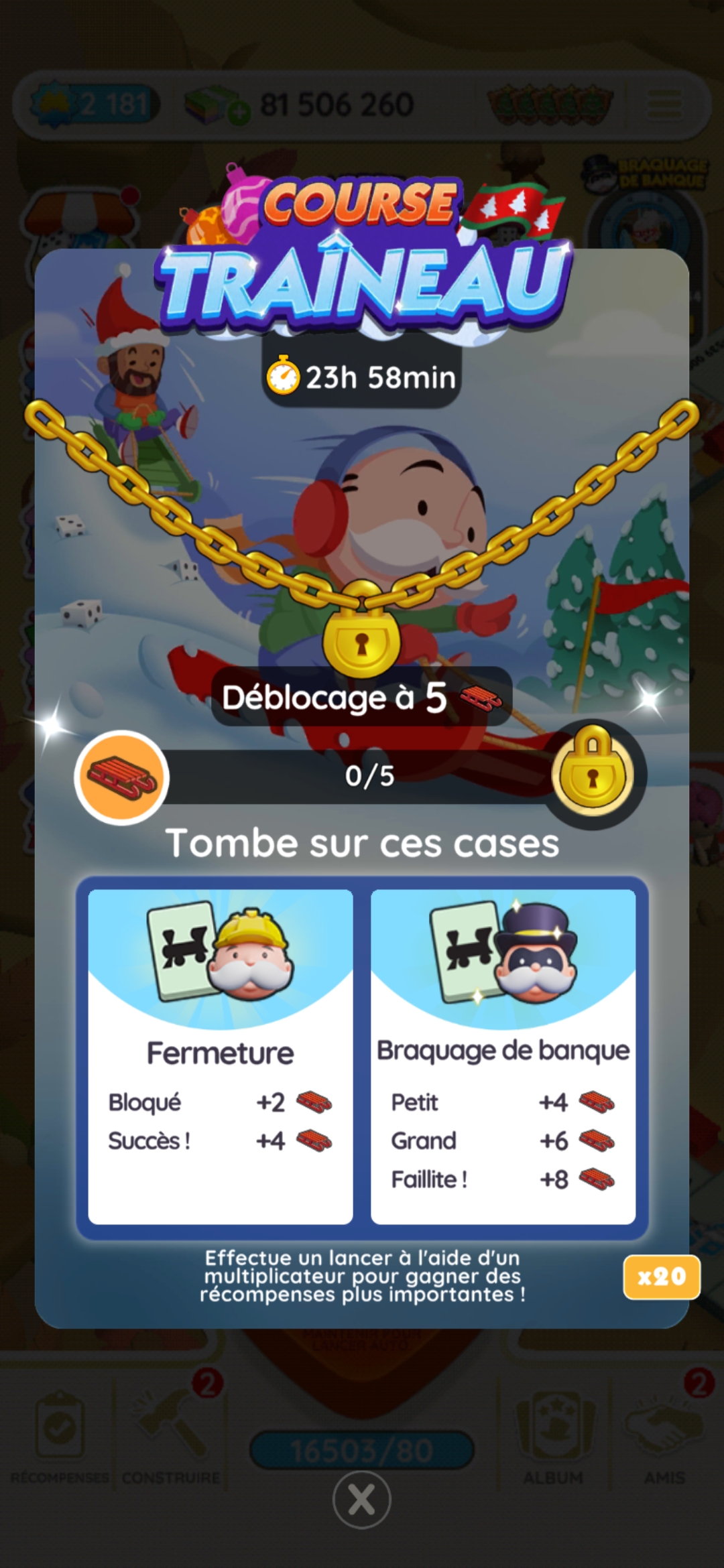 Course traineau Monopoly GO, paliers, et durée pour l